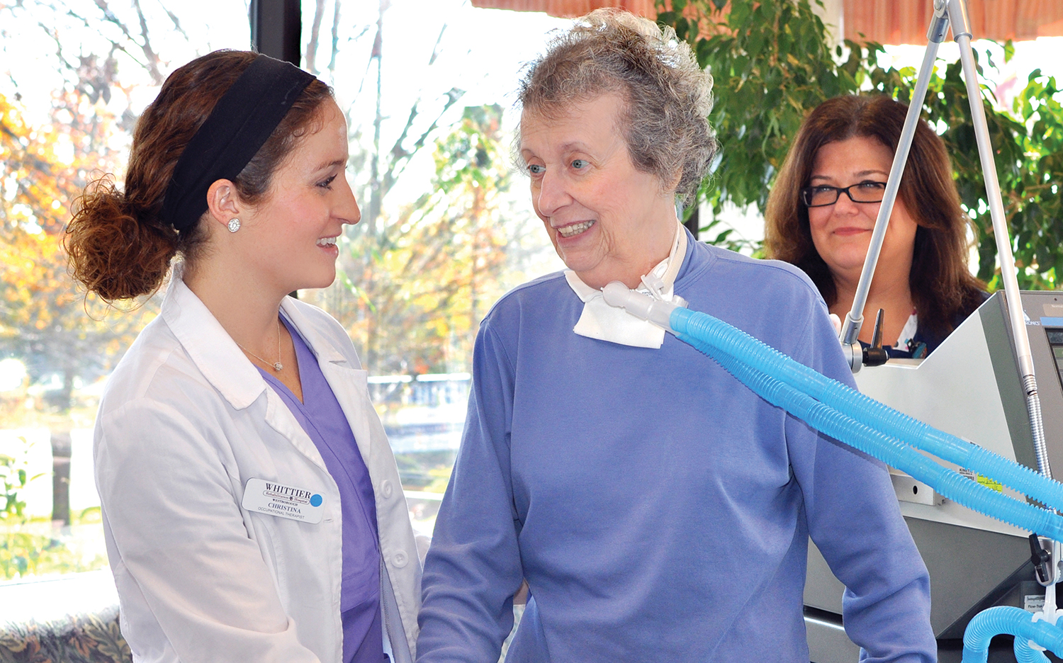 Nurses with ventilator weaning patient at Whittier Rehabilitation Hospital in MA